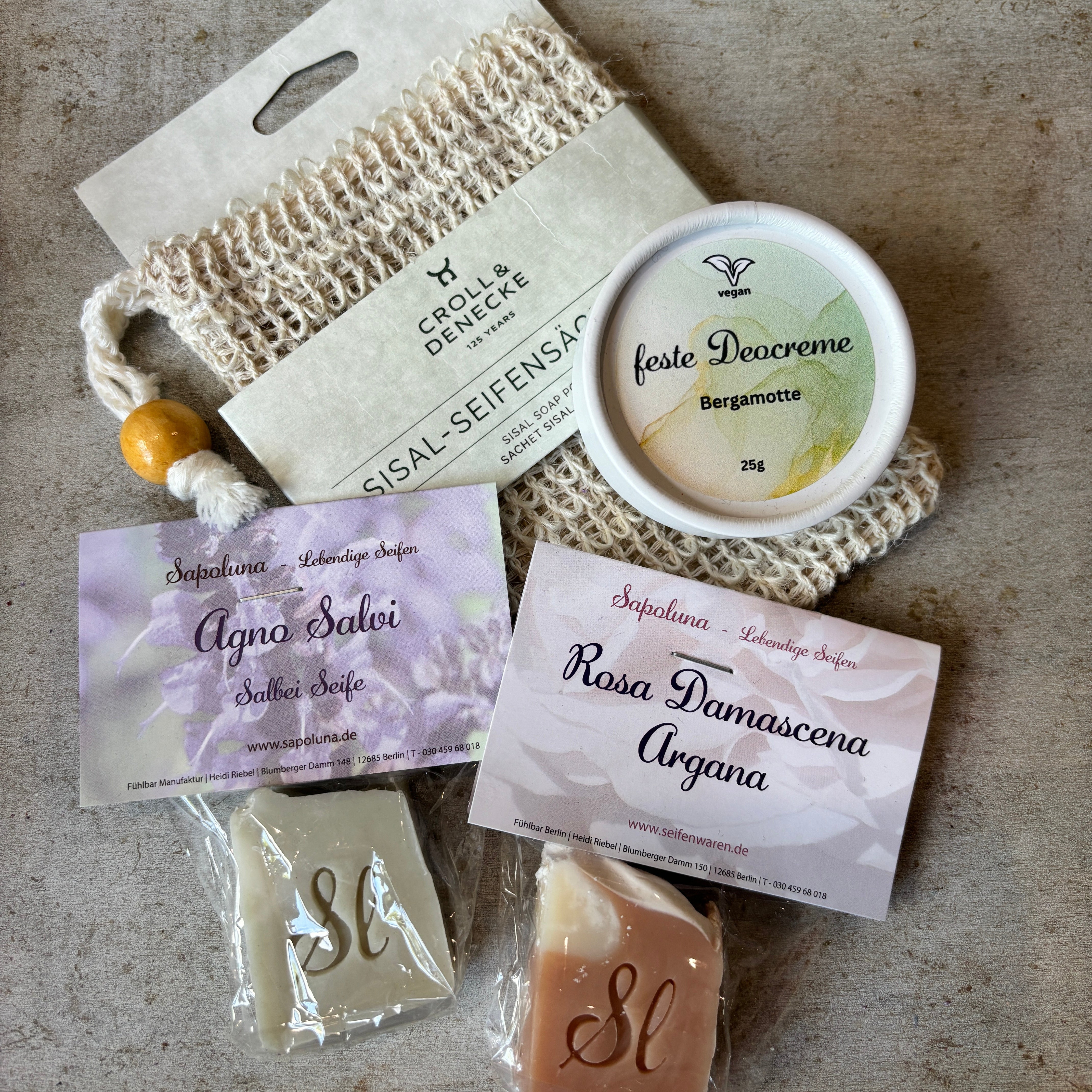 Sisal Seifensäckchen, feste Deocreme, 2 Mini-Naturseifen